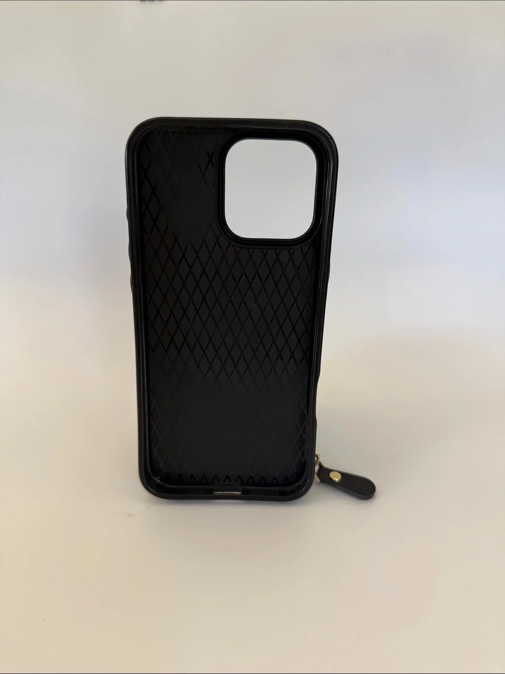 Black Quilted Wallet Phone Case with adjustable strap. iPhone 16 ProMax